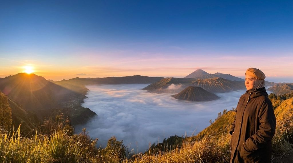 Panoramic landscape photograph of the Bromo-Tengger-Semeru caldera at sunrise. On the left, the sun rises over a hill, casting golden light. In the center, a vast sea of clouds and thick mist fills the caldera floor, with the iconic conical peaks of Mount Bromo and Mount Batok emerging above it, and Mount Semeru looming tall in the background. On the right, a woman wearing a black jacket and a tan leather beret over a light hijab stands in profile, looking left and smiling at the majestic view. Golden foreground grasses are illuminated by the morning sun.