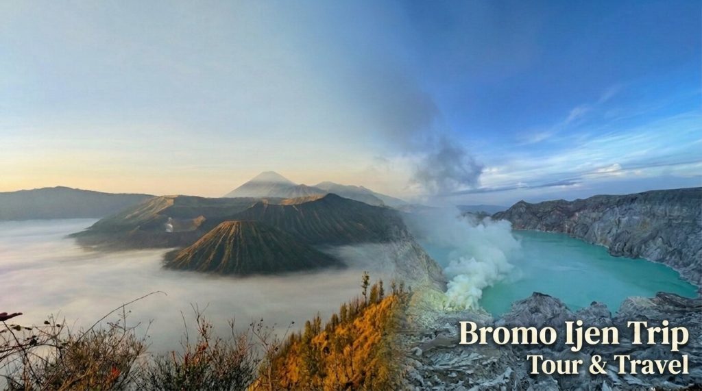 Bromo Ijen Tour from malang package showcasing Mount Bromo caldera and Kawah Ijen turquoise crater lake and start from Malang
