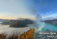 Bromo Ijen Trip Tour and Travel package showcasing Mount Bromo caldera and Kawah Ijen turquoise crater lake